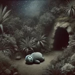 Makka Pakka Death scene in a mysterious garden with eerie lighting, featuring Makka Pakka lying near a cave, evoking a sense of loss and mystery.