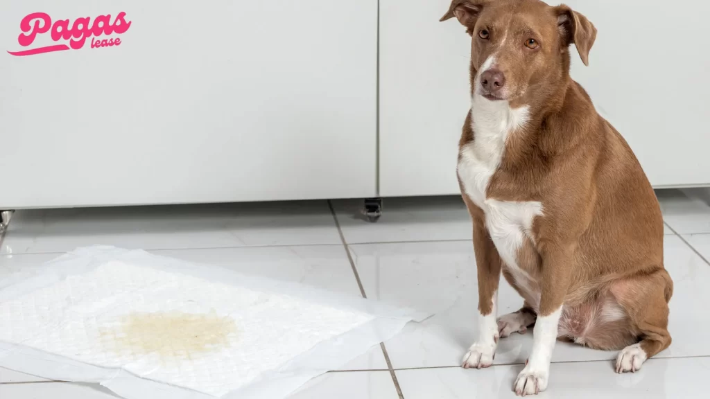 A brown dog sitting next to a soiled pee pad on a clean tile floor. Can you power wash plastic pee pad holder to keep it clean and odor-free for your pet?