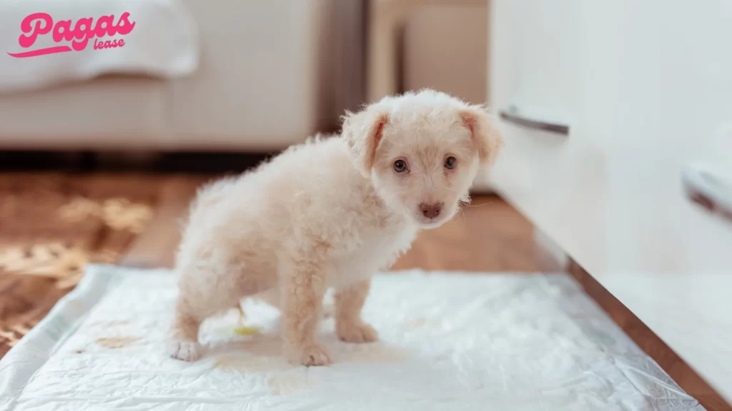 A fluffy puppy standing on a soiled pee pad. Can you power wash plastic pee pad holder to keep it clean and ready for repeated use?